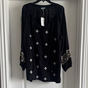 Embroidered Black Peasant Blouse with Metallic Accents
